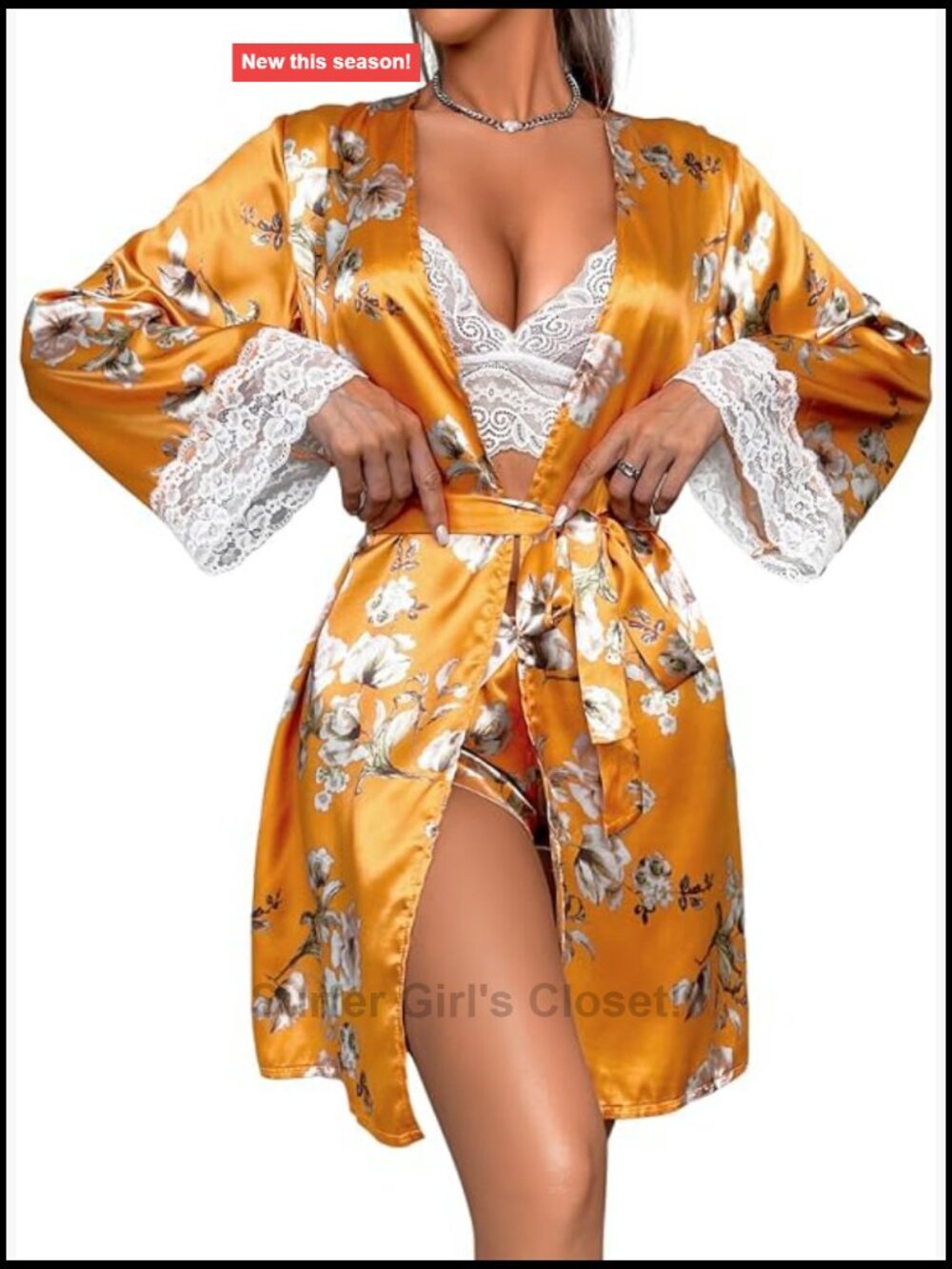 Silk Satin Lace 3 Piece Pajama Set with Robe Bridal Shower Gift